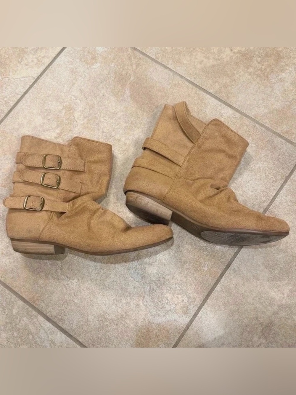 Tan Suede Buckle Ankle Boots - Women